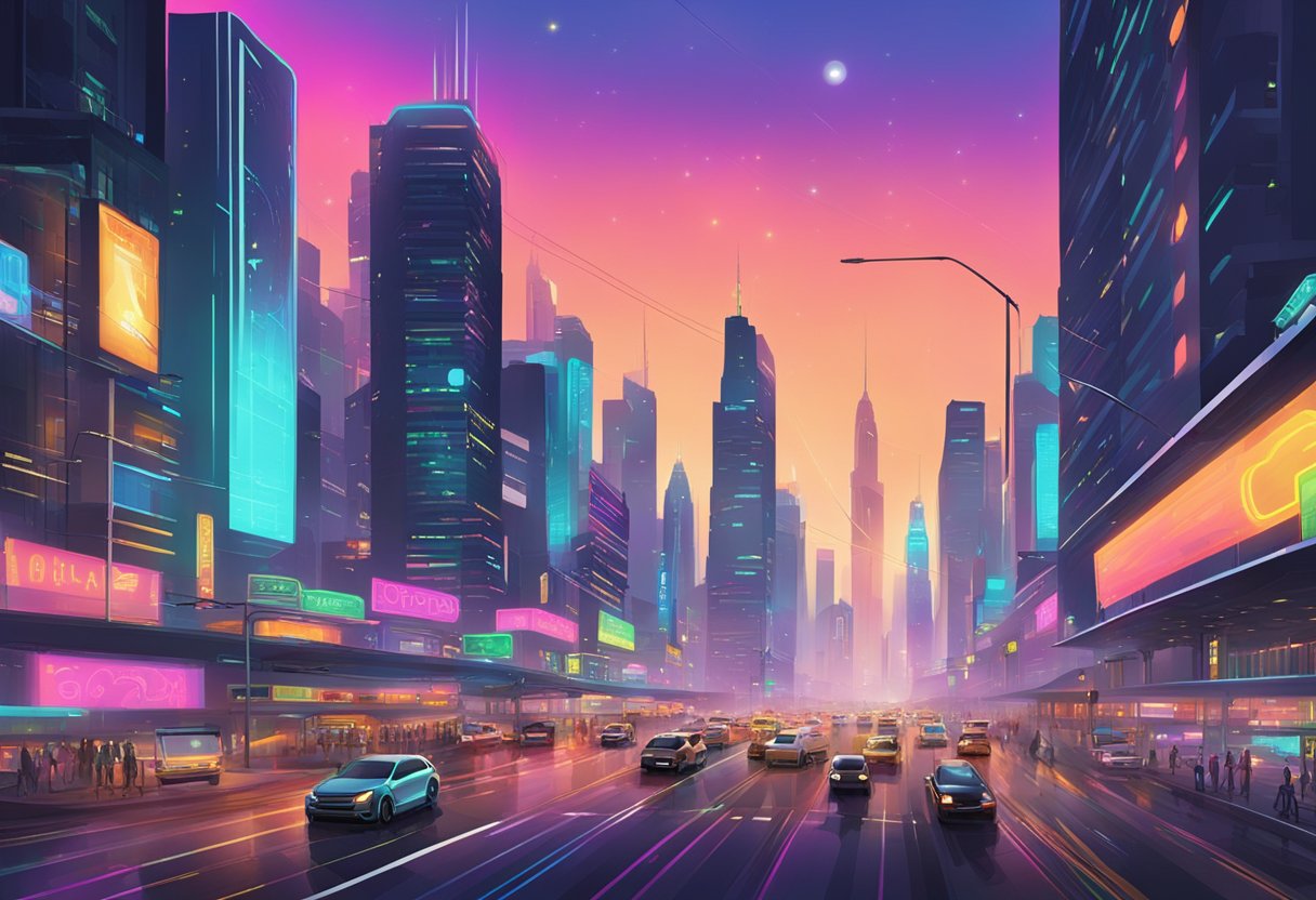 Busy street with colorful neon lights, bustling traffic, and towering skyscrapers in the background