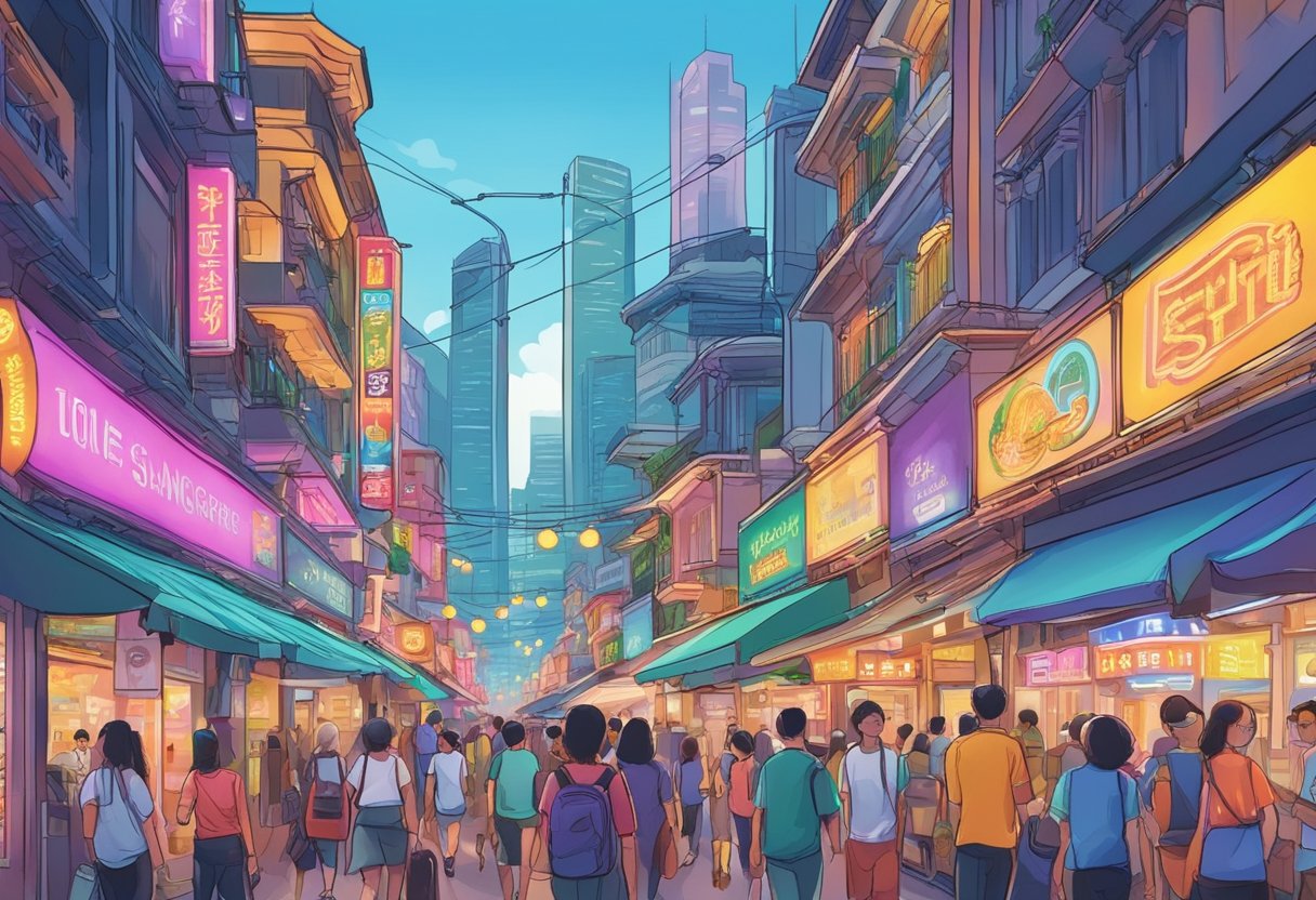 A bustling street with colorful neon signs, crowded with people and lined with shops and restaurants, capturing the vibrant energy of Singapore's iconic strip
