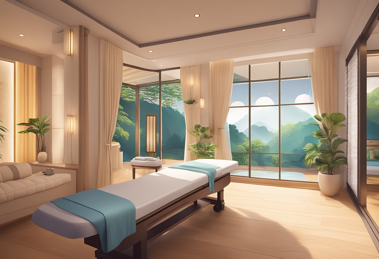 A serene spa room with soft lighting, a comfortable massage table, and soothing music playing in the background, creating a peaceful atmosphere for aftercare strip experience in Singapore
