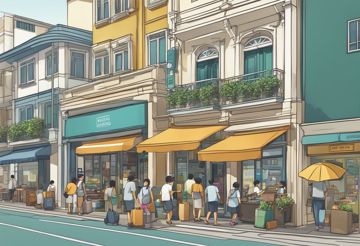 A bustling Singapore street with a prominent "Frequently Asked Questions" sign displayed outside a shop or business