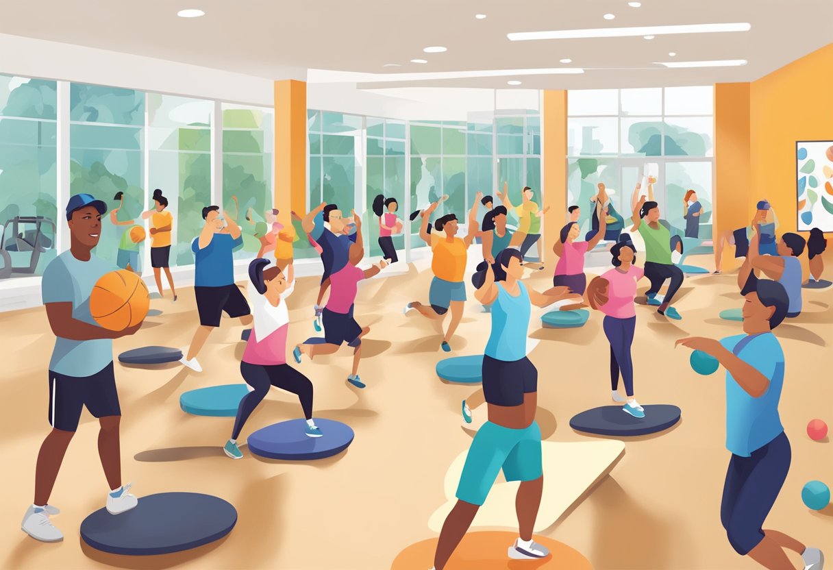 A group of diverse people engage in various activities at YMCA Singapore, including sports, fitness classes, and community programs