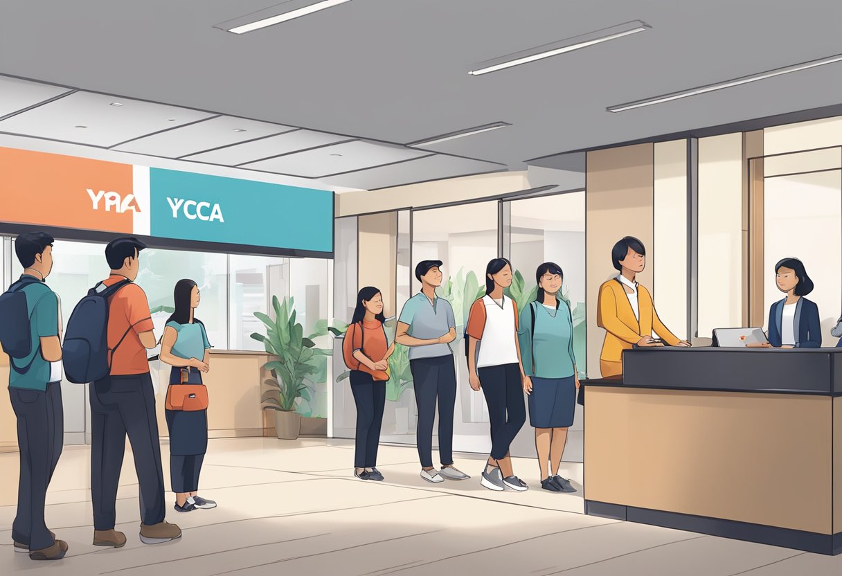 People lining up at YMCA Singapore's front desk, staff assisting, signage visible, and a welcoming atmosphere