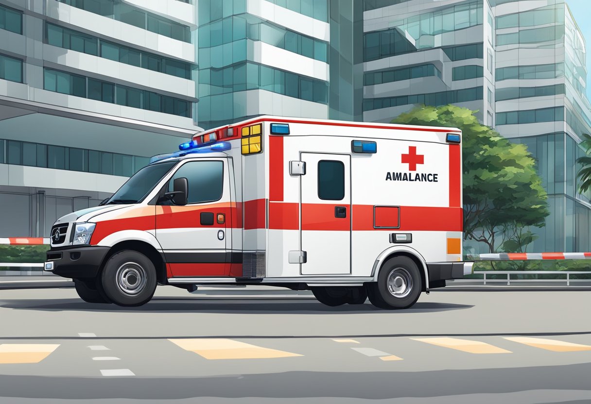 An ambulance in Singapore with visible regulation and accreditation markings parked outside a medical facility