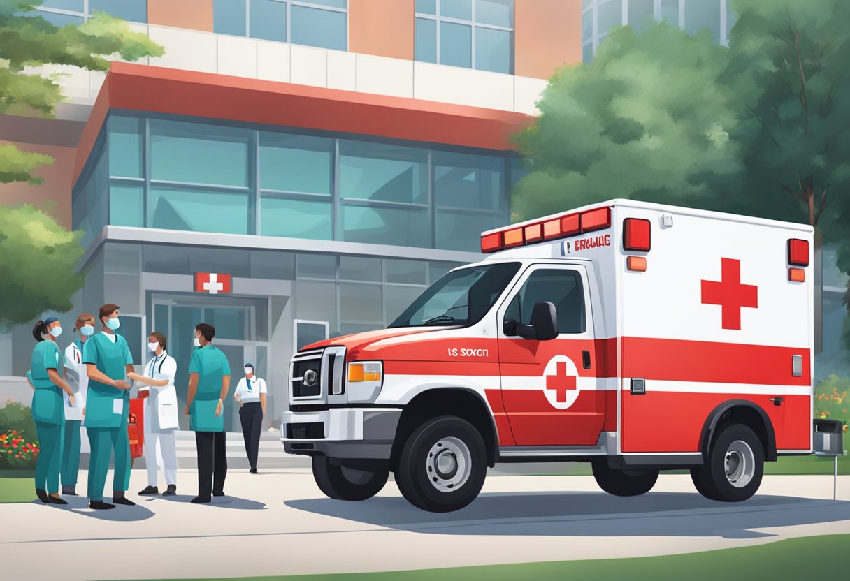 An ambulance parked in front of a hospital with a red cross logo on the side. The vehicle is surrounded by medical personnel and equipment