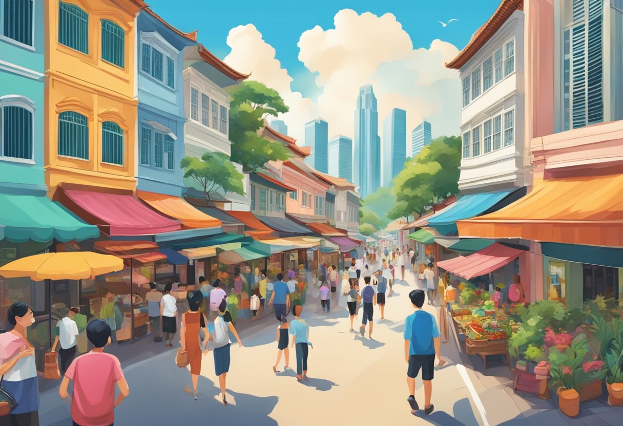 The bustling streets of Singapore are filled with colorful shophouses, vibrant street markets, and towering skyscrapers, creating a dynamic and lively cityscape