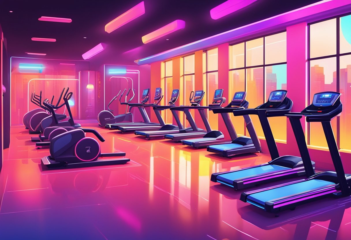 A vibrant fitness studio with neon lights, high-energy music, and rows of treadmills and weights. The atmosphere is intense and motivating, with a sense of community and determination