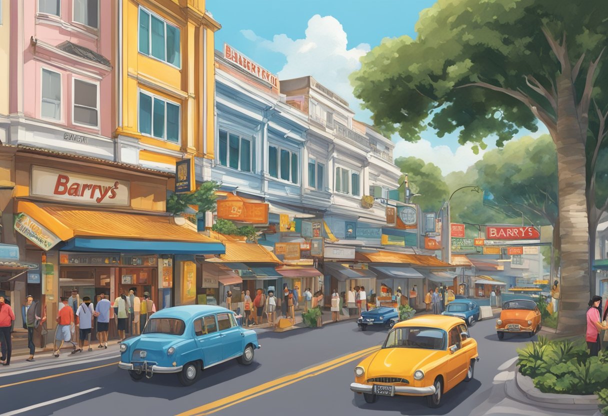 The bustling streets of Singapore surround the entrance to Barry's, with colorful signage and a welcoming atmosphere. The iconic landmark stands out against the city backdrop