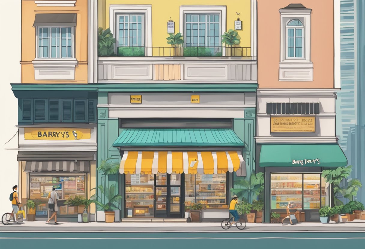 A bustling street in Singapore, with a prominent sign reading "Frequently Asked Questions barry's singapore" above a busy storefront