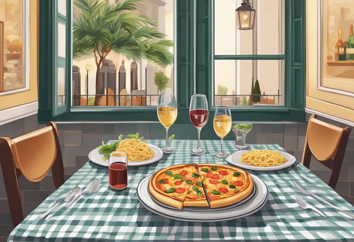 A table set with a checkered tablecloth, surrounded by plates of pasta, pizza, and wine glasses in a cozy Italian restaurant in Singapore