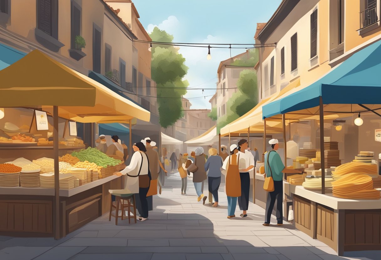 A bustling street market with colorful stalls selling fresh pasta, fragrant herbs, and artisanal cheeses. The aroma of wood-fired pizzas and rich espresso fills the air