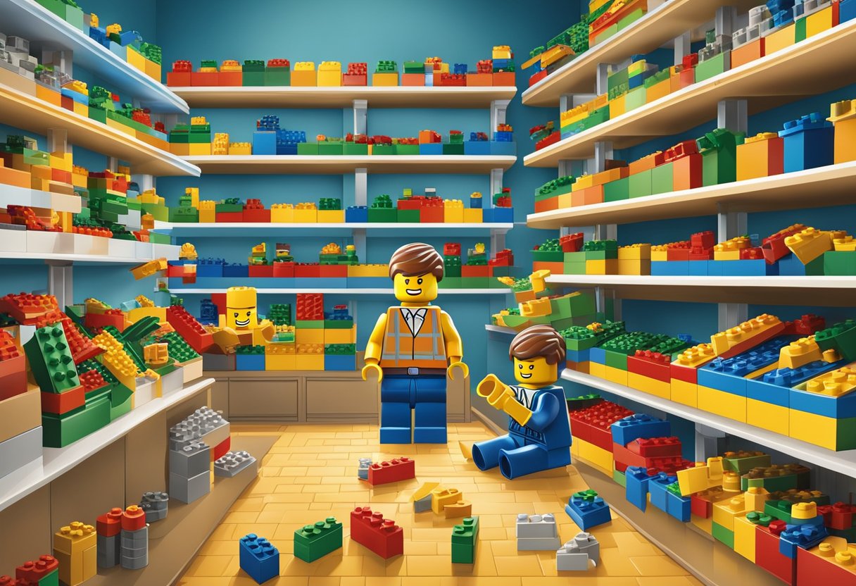 Lego sets displayed on shelves, colorful bricks in bins, kids building at play tables, store staff assisting customers
