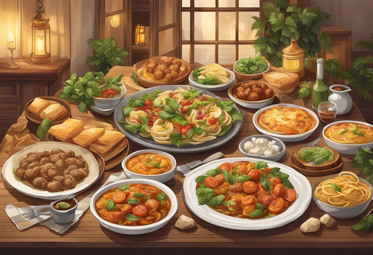 A table set with a spread of authentic Italian dishes, surrounded by rustic decor and warm lighting
