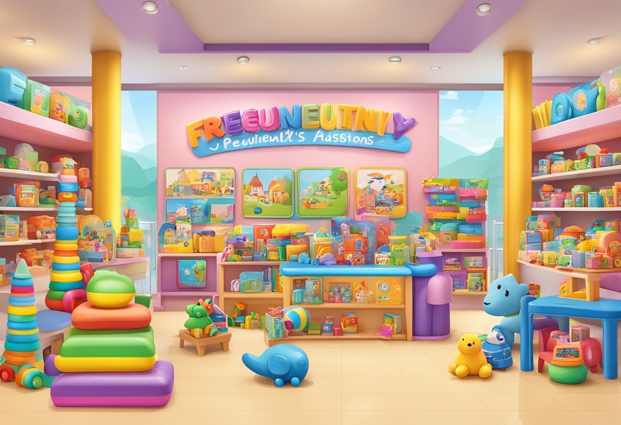 A colorful display of children's toys and products with a prominent sign reading "Frequently Asked Questions" at Kiddy Palace, Singapore
