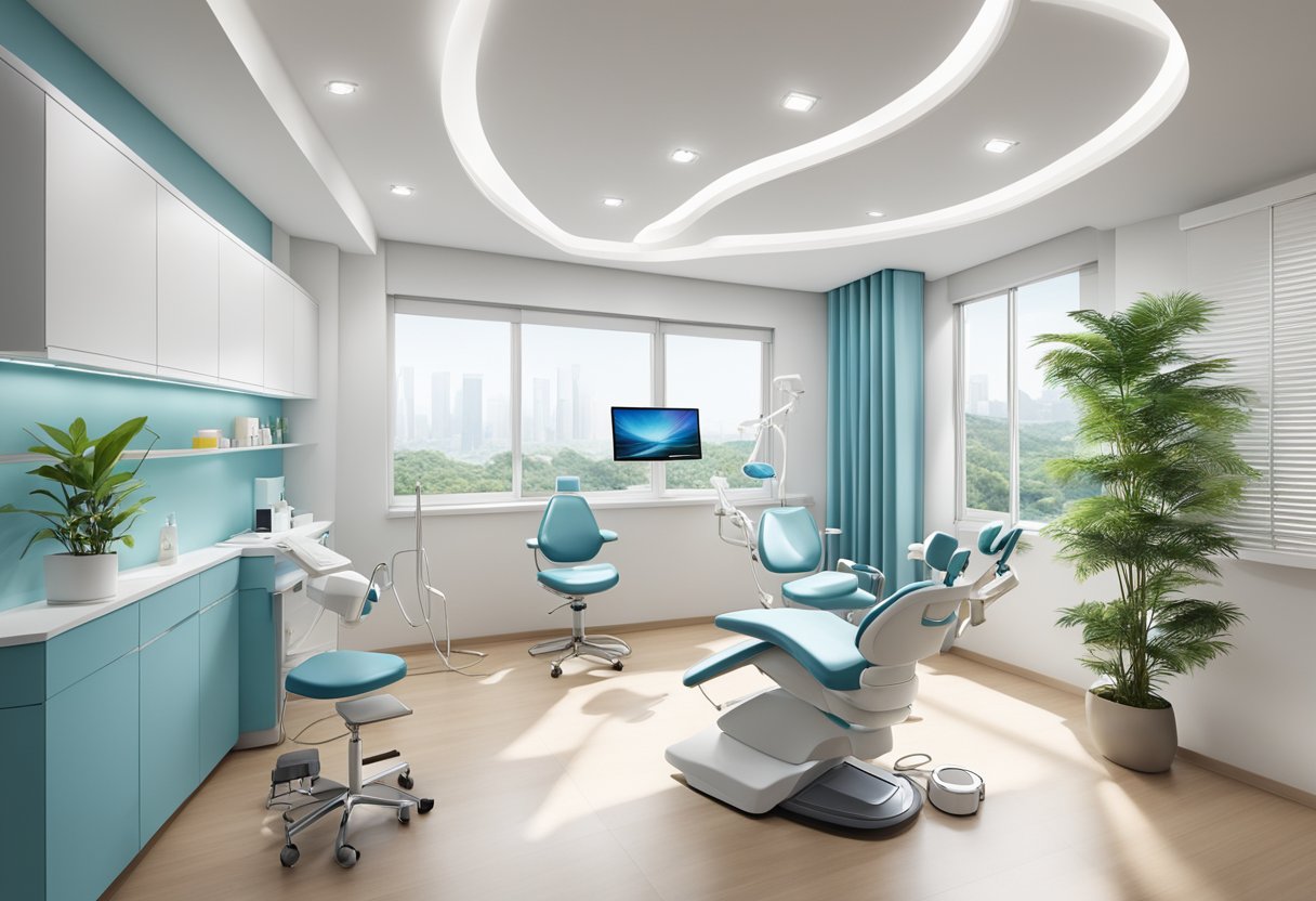 A bright, modern dental clinic in Singapore with clean, white walls, comfortable chairs, and state-of-the-art equipment