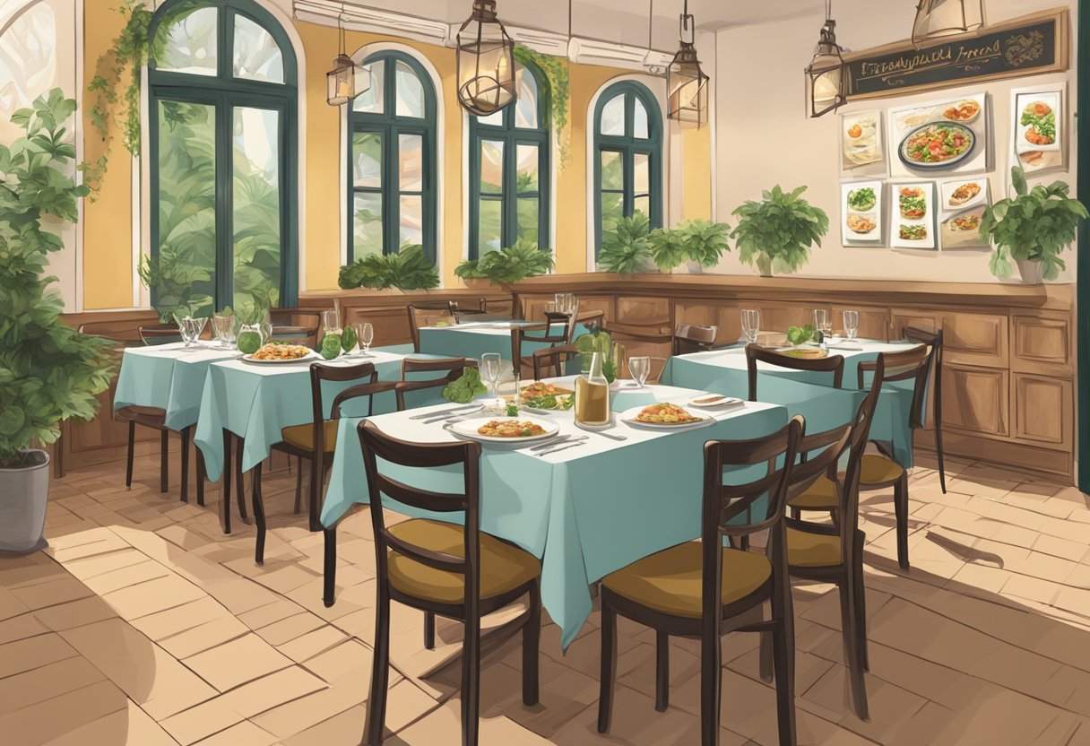 A table set with various Italian dishes and a menu board reading "Frequently Asked Questions Italian Food Singapore" in a cozy restaurant setting