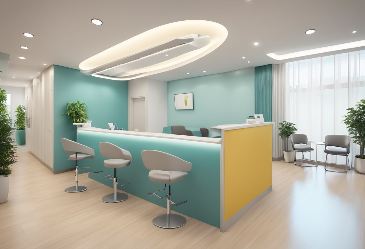 A dental clinic in Singapore with modern equipment and comfortable waiting area. Reception desk with friendly staff. Clean and well-lit treatment rooms