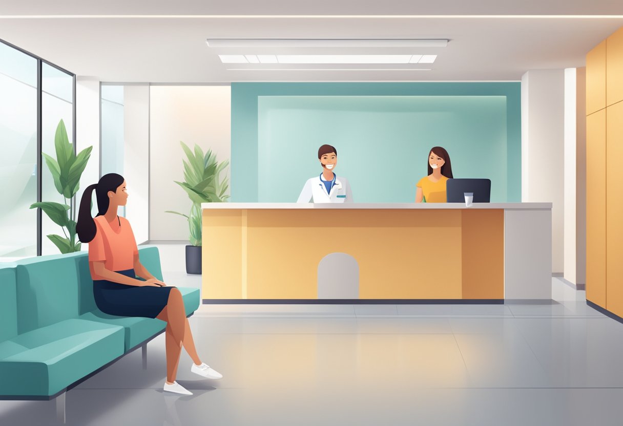Patients sitting in a modern, clean waiting area. Receptionist greeting with a warm smile. Dentist and assistant working in treatment rooms
