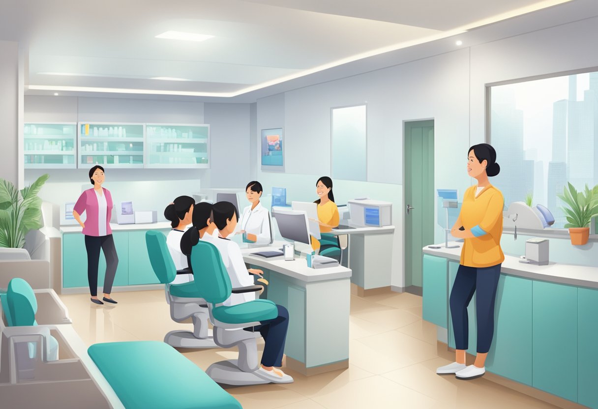 A busy dental clinic in Singapore with patients waiting, receptionist at the front desk, and dentists attending to patients in treatment rooms
