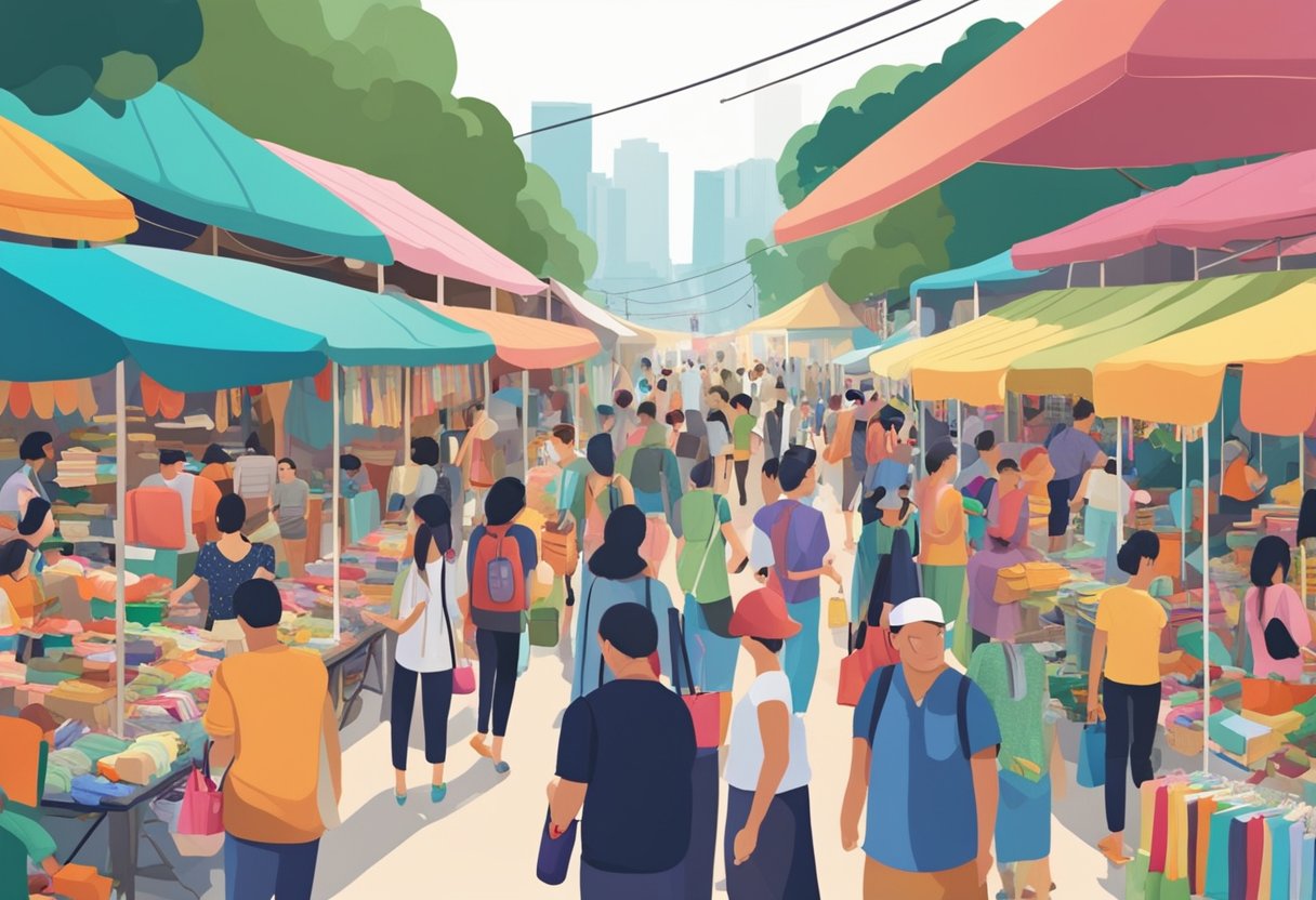 Colorful stalls line crowded aisles, filled with eclectic goods and vibrant fabrics, as shoppers haggle and browse at a bustling flea market in Singapore