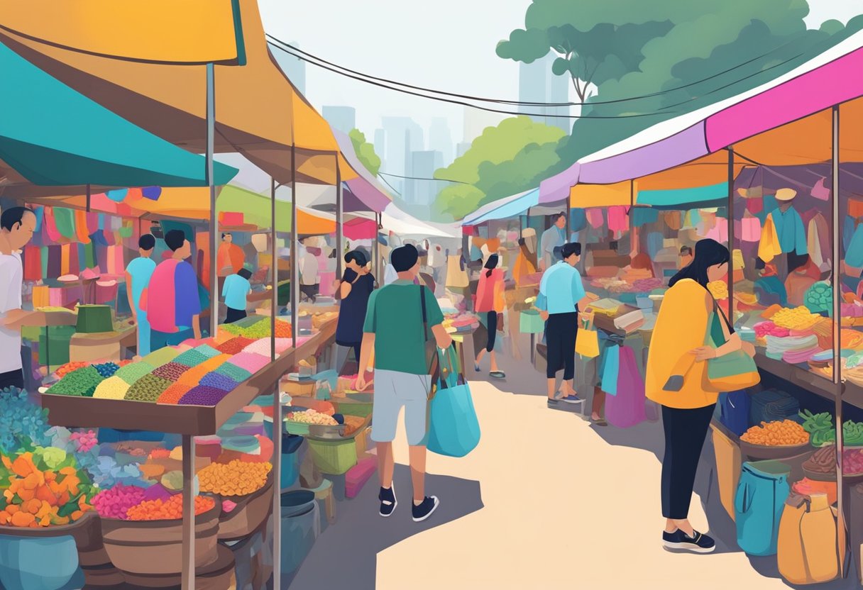 People browsing colorful stalls at Singapore flea market. Bright textiles, exotic trinkets, and aromatic street food create a vibrant atmosphere