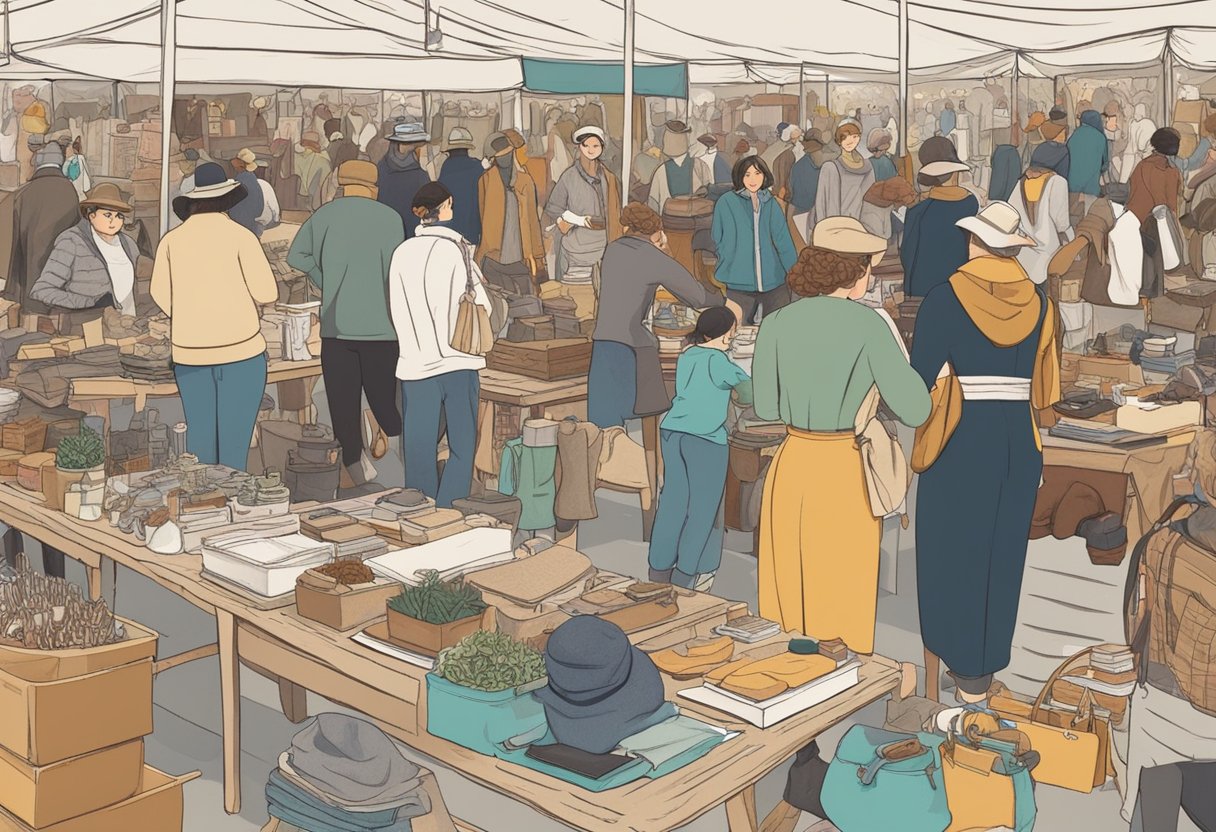Vendors display goods on tables at a bustling flea market. Shoppers browse through a variety of items, from vintage clothing to handmade crafts