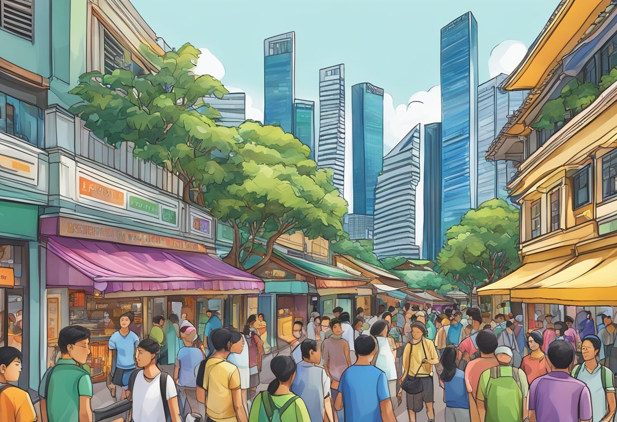 A bustling street in Singapore, with colorful shophouses, vibrant street vendors, and bustling crowds. The iconic Marina Bay Sands looms in the background