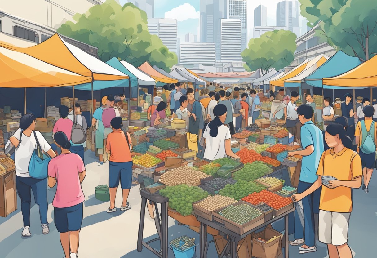 A bustling flea market in Singapore, with colorful stalls and diverse vendors. Shoppers browse through a variety of goods while vendors answer questions about their products