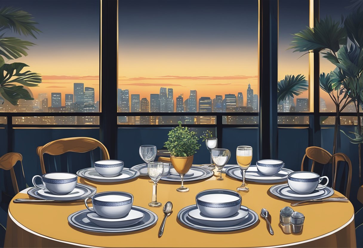 A table set with elegant dinnerware, surrounded by dim lighting and a cozy ambiance at Beni Beni Singapore