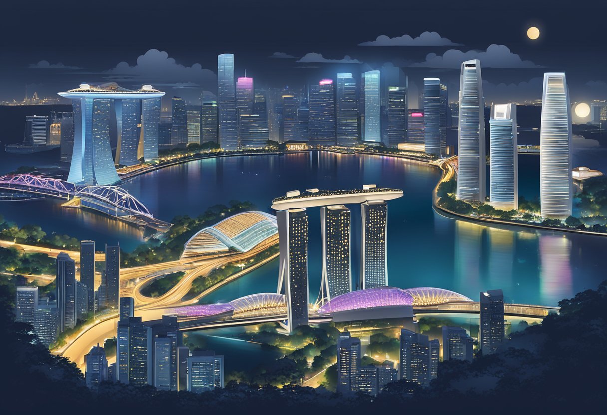 The cityscape of Singapore's skyline at night, with iconic landmarks like the Marina Bay Sands and the Singapore Flyer illuminated against the dark sky