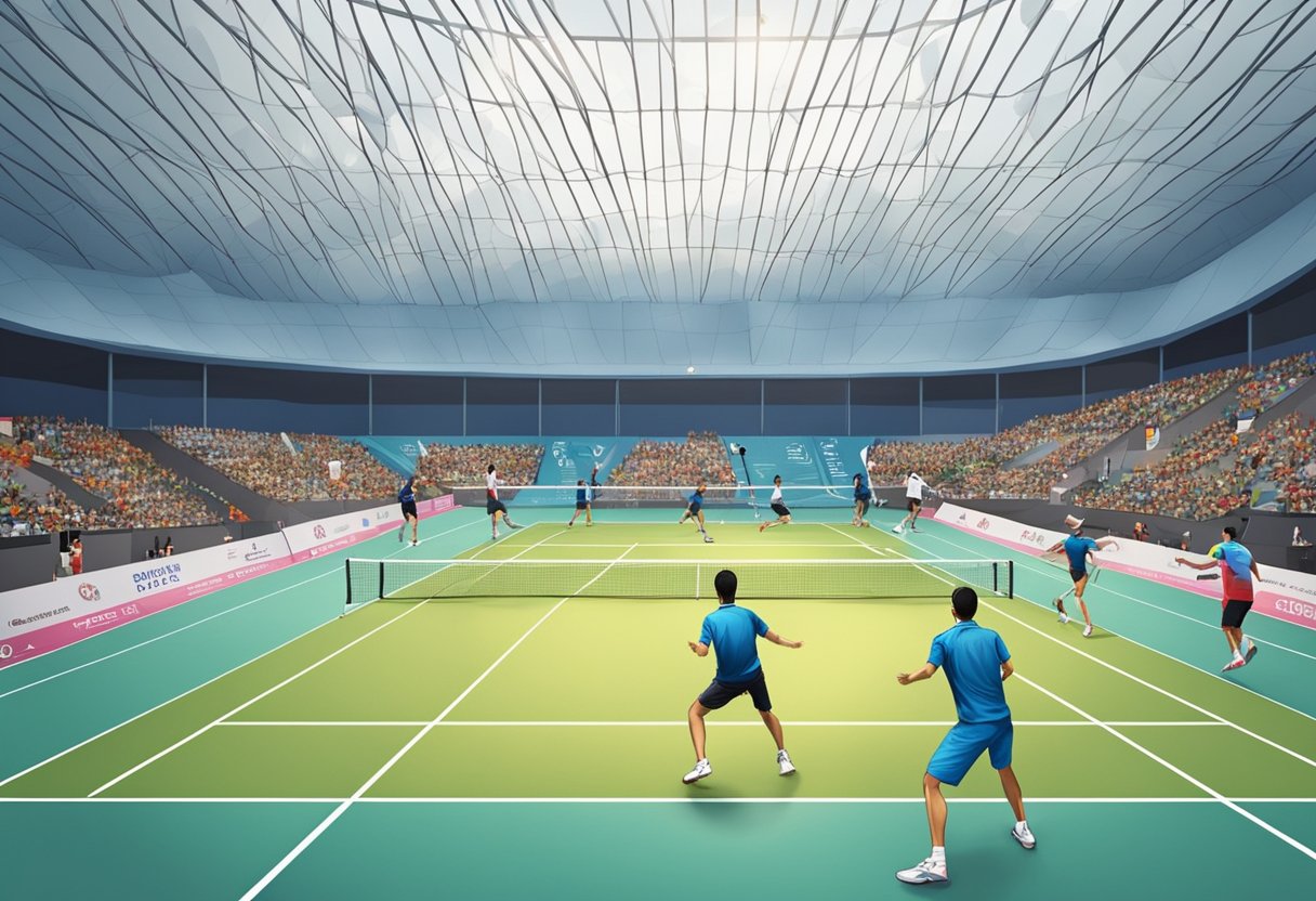 Players compete on the badminton court at the Singapore Open, shuttlecocks flying back and forth in intense rallies