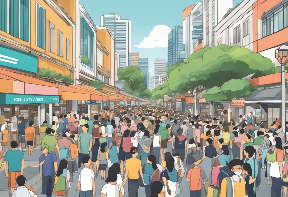 A bustling Singapore street with a prominent sign reading "Frequently Asked Questions beni singapore" above a busy crowd
