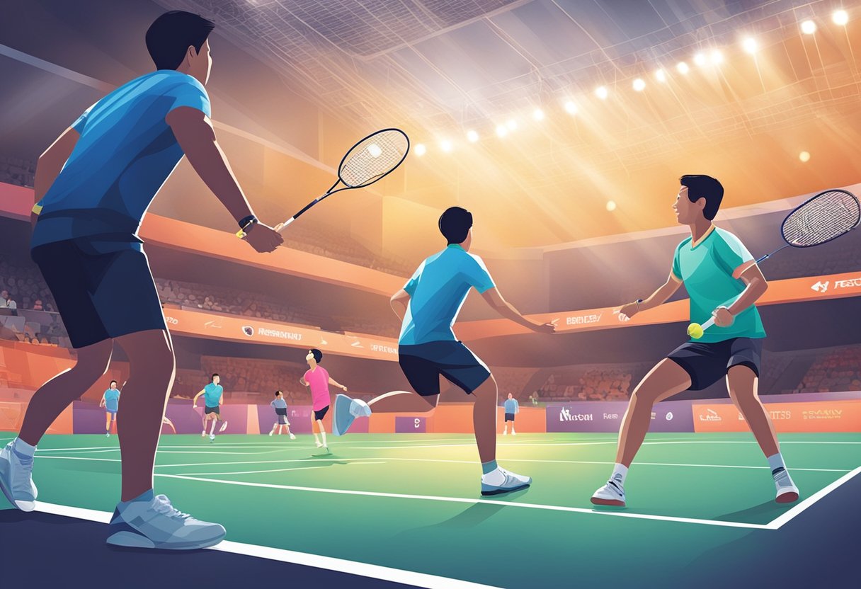Players compete on the badminton court at the Singapore Open, with spectators cheering in the stands. The court is brightly lit, and the players move swiftly, displaying their skills and agility