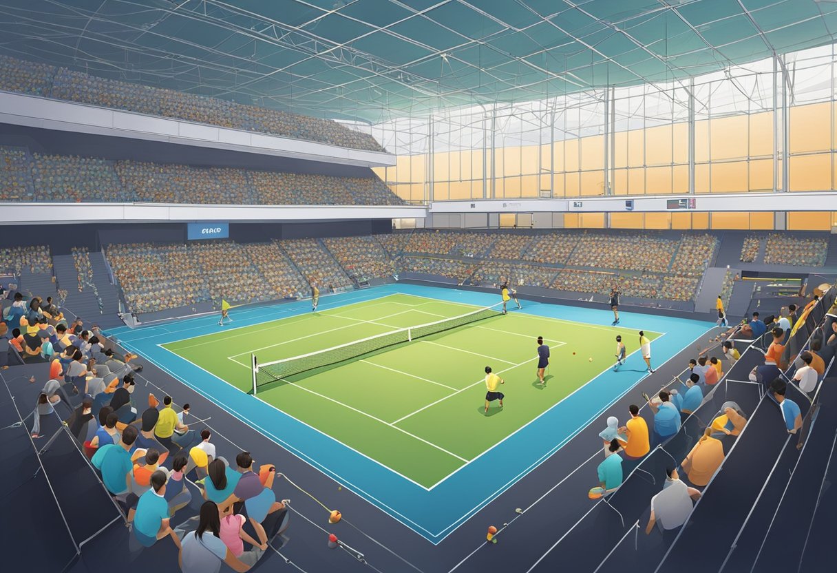 Players compete on a badminton court at the Singapore Open, with a net dividing the space and spectators watching from the stands