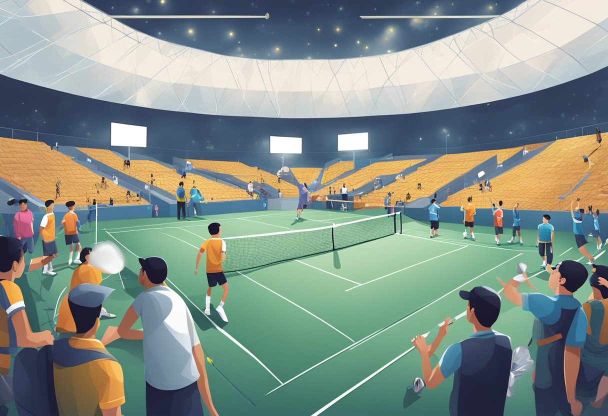 Players competing on badminton court with spectators watching, event banners displayed, and officials managing the game
