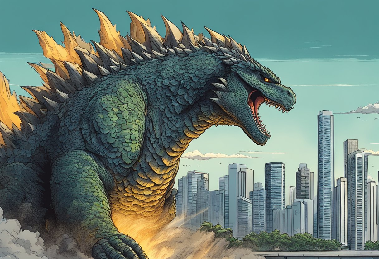 Godzilla rampages through Singapore's cityscape, towering over buildings and unleashing its destructive power