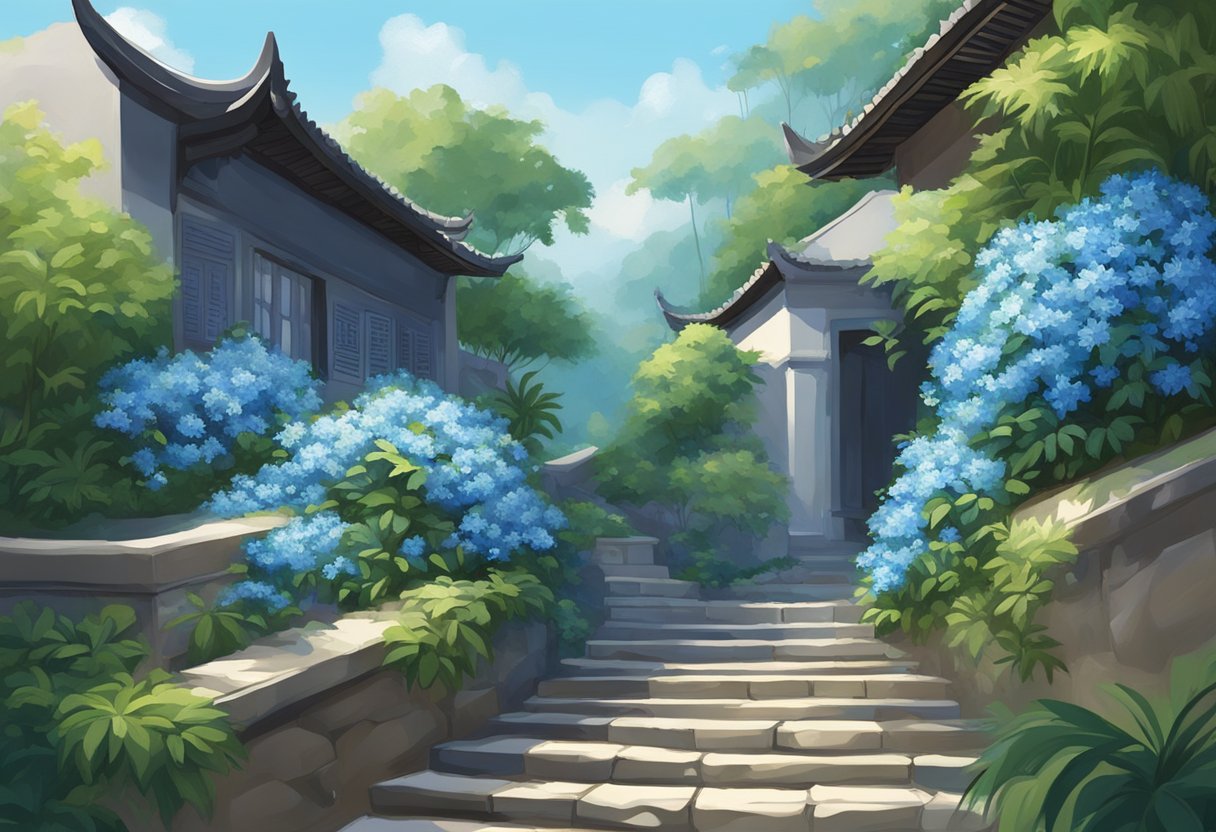 A serene Singaporean street with vibrant blue jasmine flowers cascading down a stone wall, against a backdrop of lush greenery
