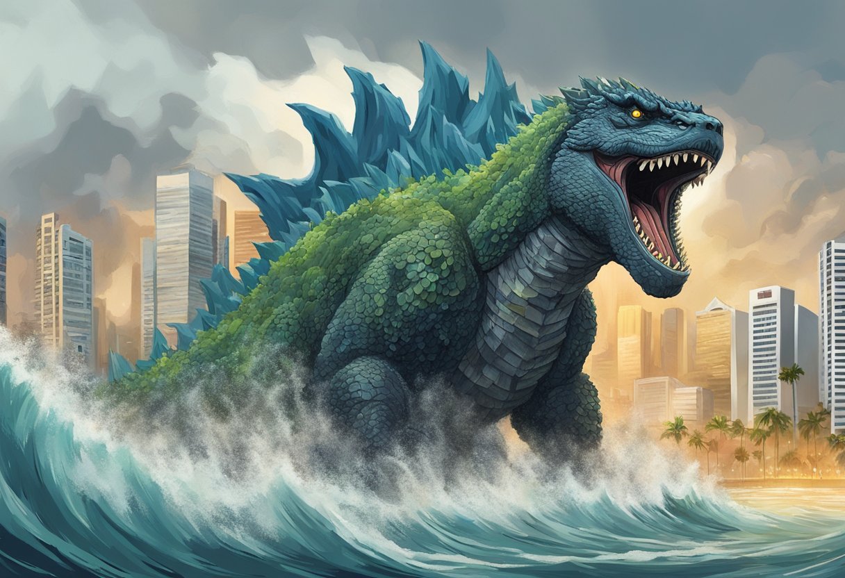 Godzilla emerges from the sea, towering over Singapore's skyline. Buildings crumble as the monster roars, causing chaos and destruction