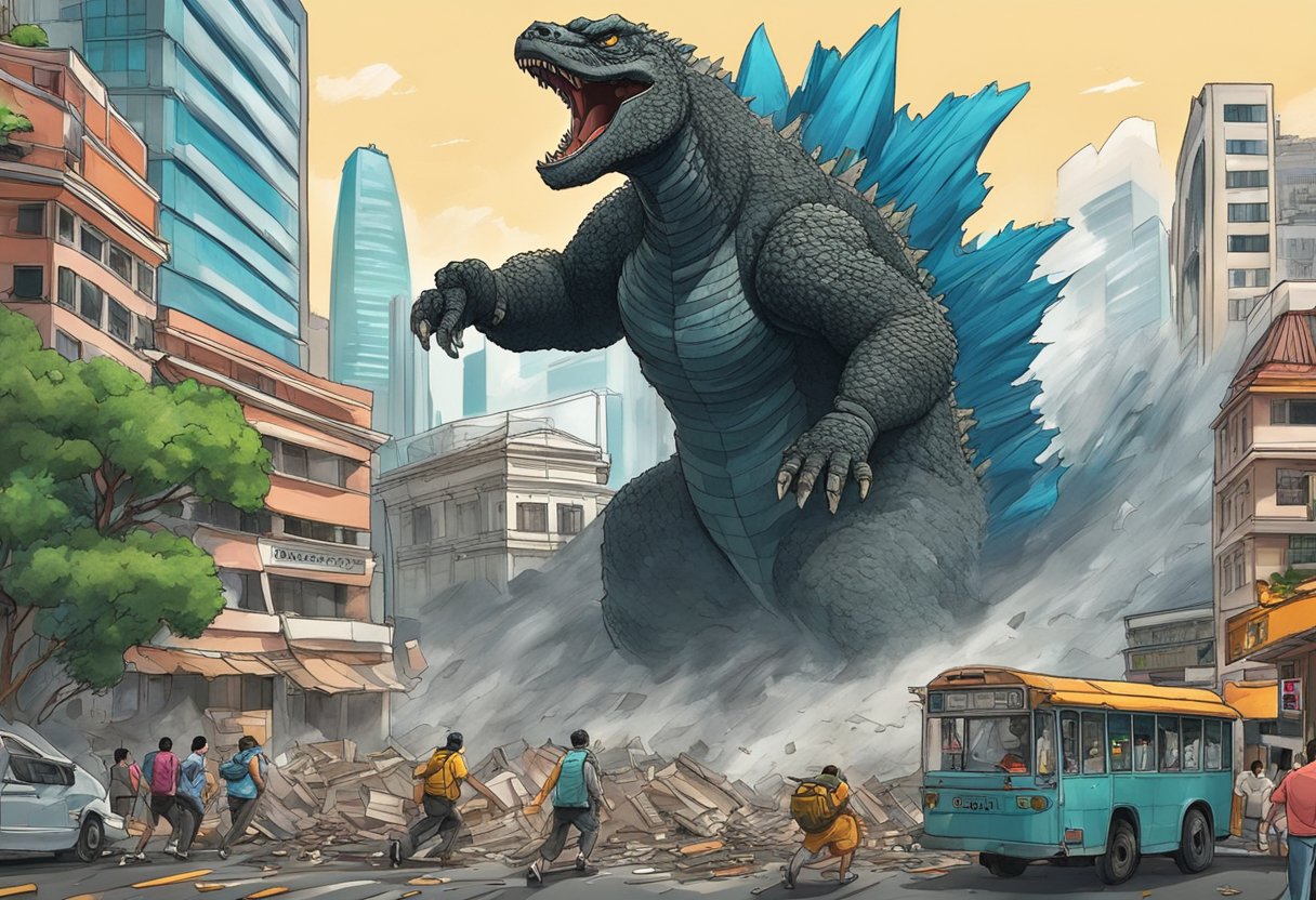 Godzilla rampages through Singapore's iconic landmarks, leaving destruction in its wake. The cityscape is in chaos as buildings crumble and people flee in terror