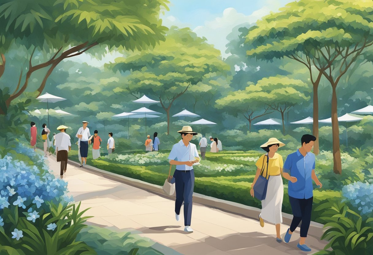 Visitors stroll through the vibrant blue jasmine garden at a Singaporean destination