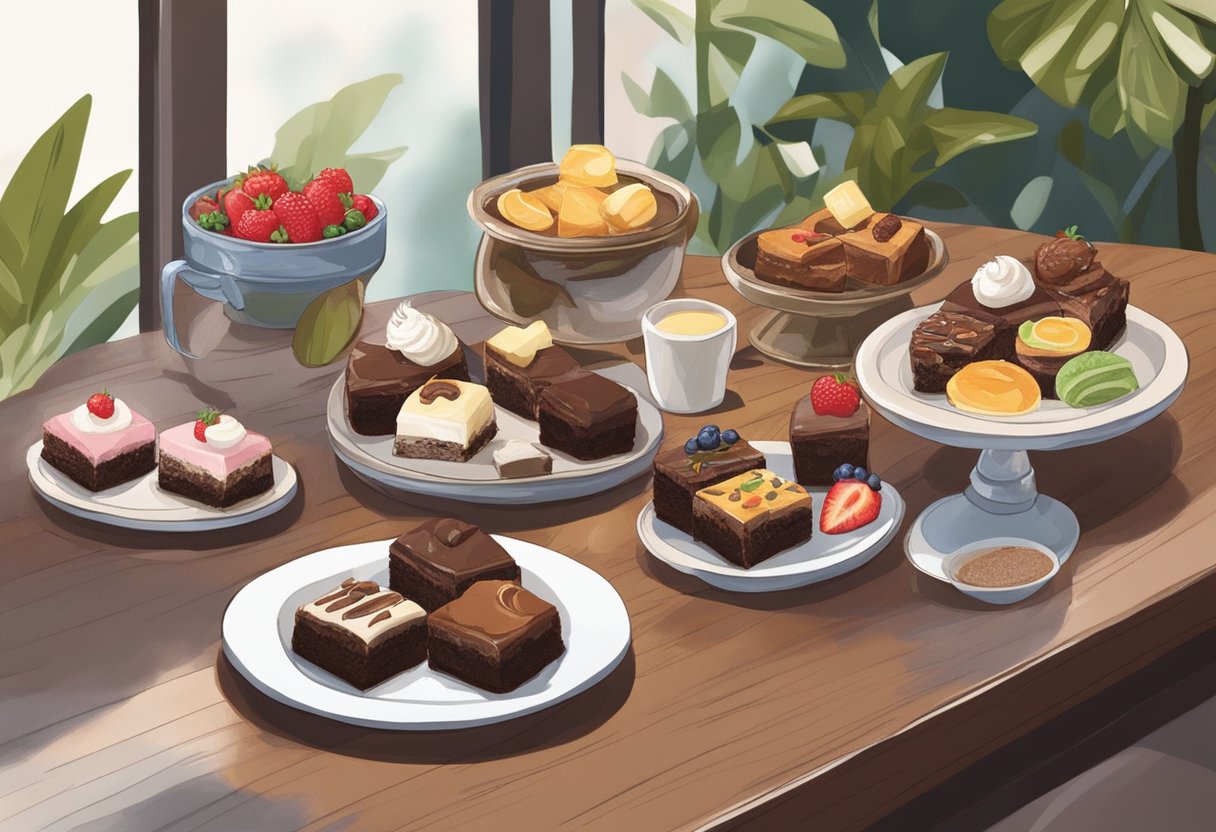 A table set with a variety of brownies, each with different toppings and flavors, displayed in a cozy cafe in Singapore