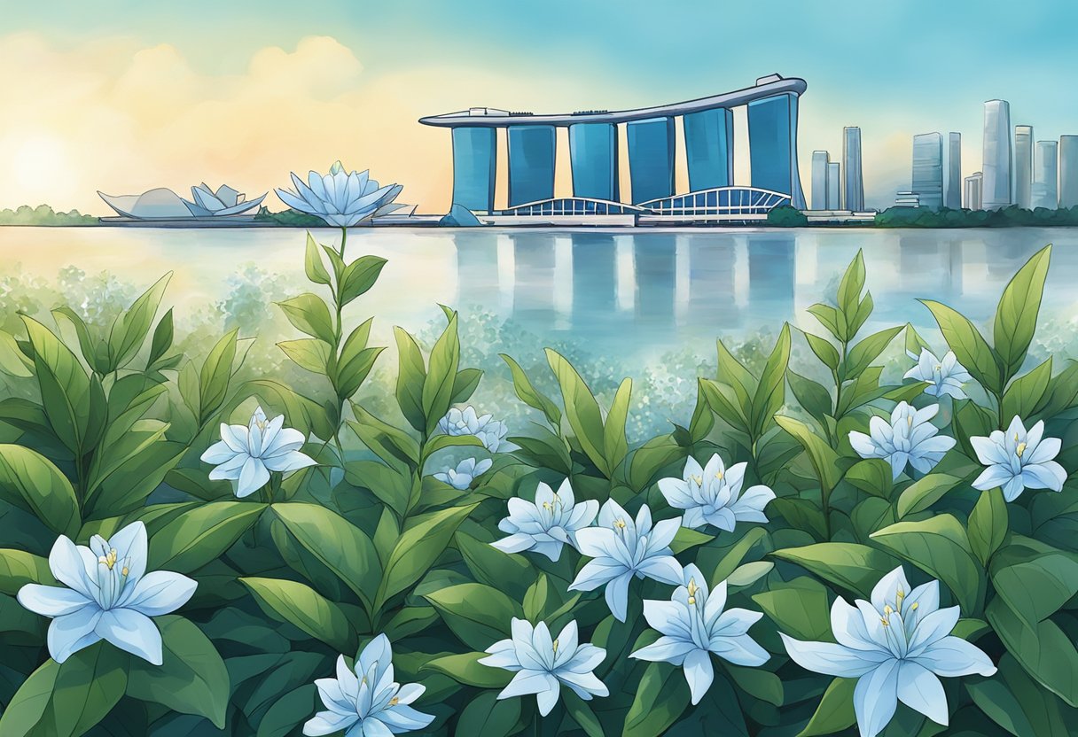 Blue jasmine flowers bloom in a garden, with a Singapore skyline in the background. The flowers are surrounded by frequently asked questions about the plant