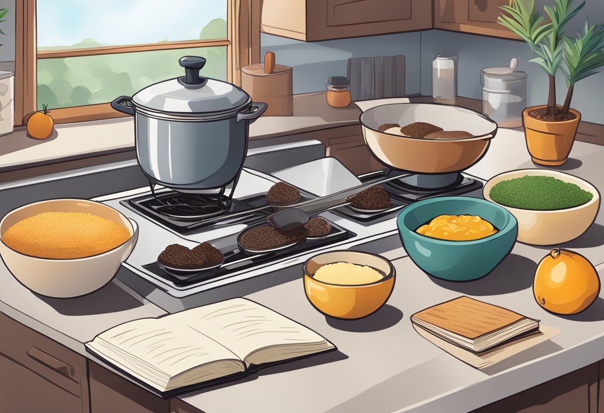 A kitchen counter with ingredients, mixing bowls, and a recipe book open to a page on brownie-making. A warm oven in the background