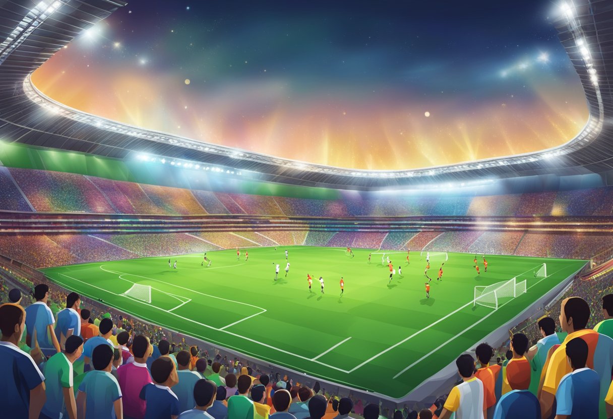 Players in colorful jerseys compete on a green field under stadium lights, representing different teams in the Football Association of Singapore
