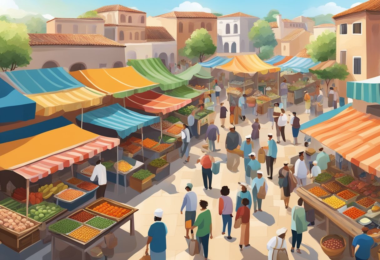 A bustling outdoor market with colorful stalls selling fresh fruits, vegetables, olives, and spices. The aroma of grilled meats and seafood fills the air as people gather to enjoy Mediterranean cuisine