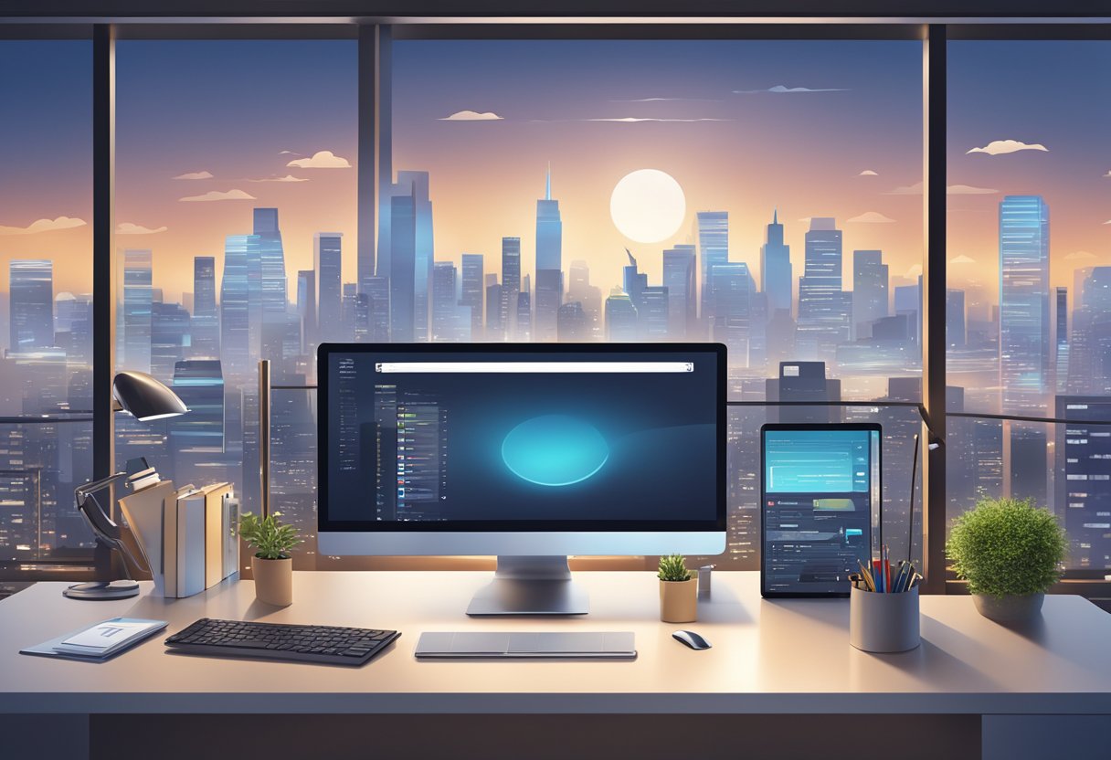 A sleek, modern desk with adjustable features and integrated technology, set against a backdrop of a bustling city skyline