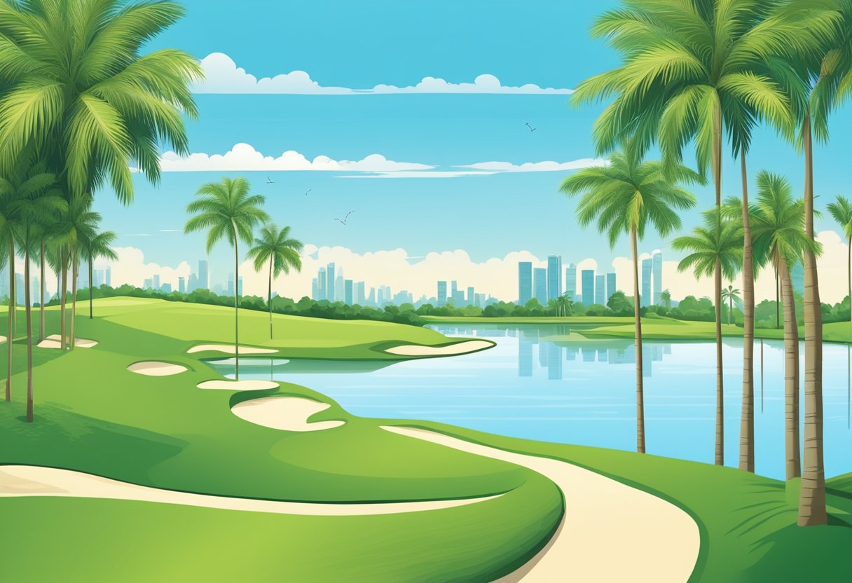 A lush green golf course in Singapore with palm trees and a clear blue sky. Sand traps and water hazards dot the landscape