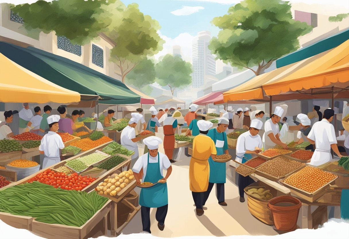A bustling outdoor market in Singapore showcases colorful displays of fresh Mediterranean produce and aromatic spices, while chefs skillfully prepare traditional dishes at food stalls