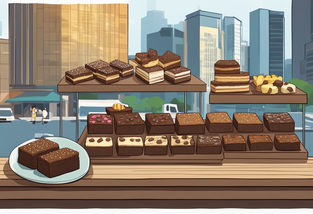 A display of various types of brownies arranged on a wooden table with a backdrop of a bustling Singapore street