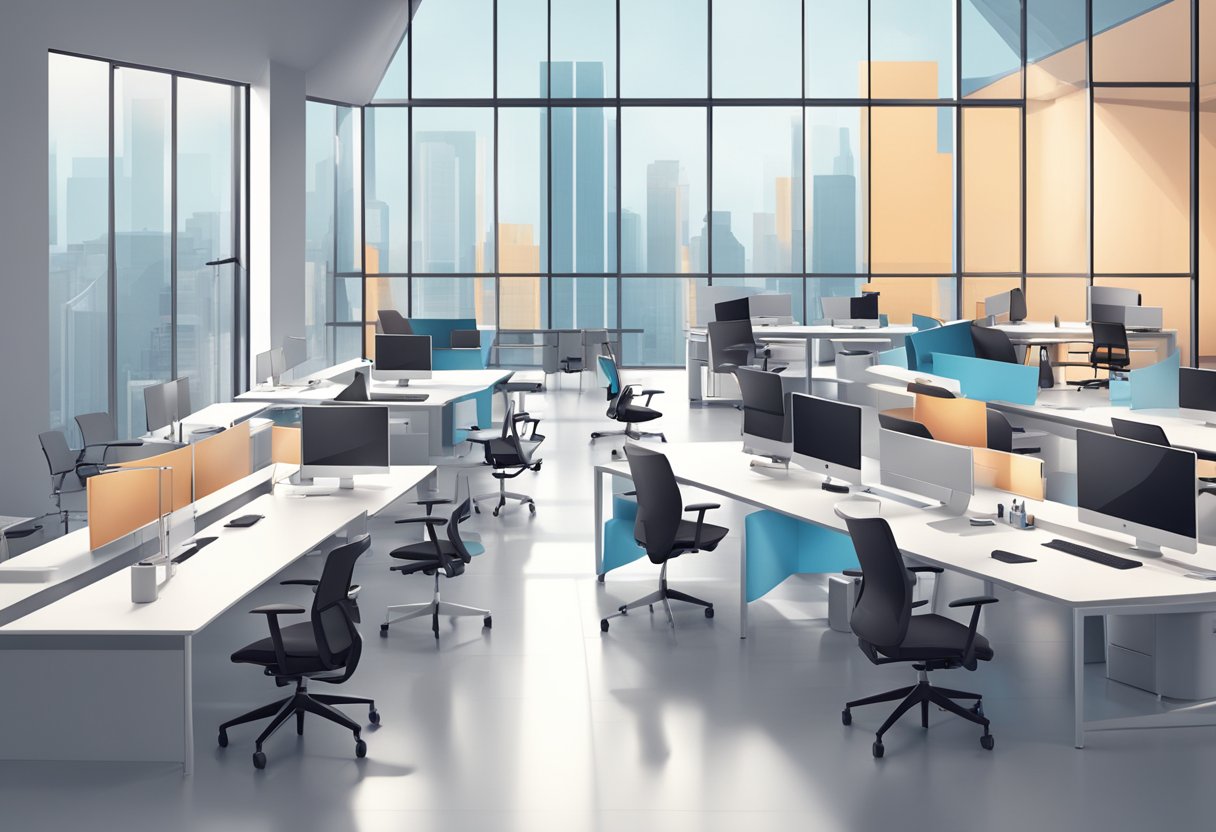 An open space with various sleek and modern desks in different sizes and colors, surrounded by ergonomic chairs and innovative accessories