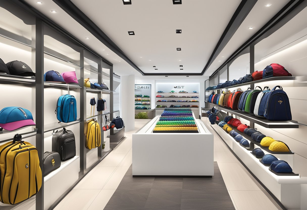 MST Golf Stores in Singapore: Brightly lit interior, rows of golf clubs, bags, and accessories neatly displayed. Modern, clean aesthetic with branding prominently featured